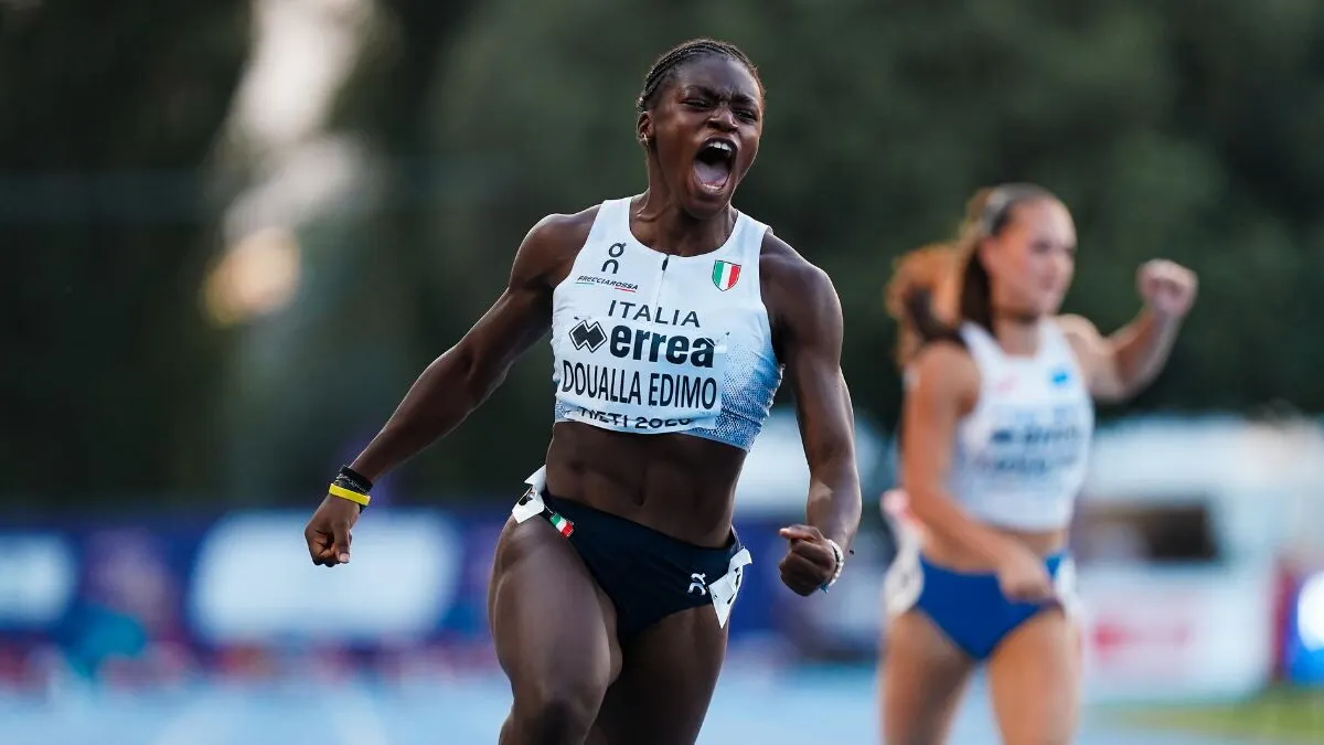 Kelly Doualla berlari di babak penyisihan 100 meter Kejuaraan Dunia Atletik U20 di Eugene