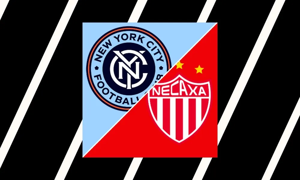 Ilustrasi pertandingan NYCFC vs Necaxa di ajang Leagues Cup dengan suasana Red Bull Arena