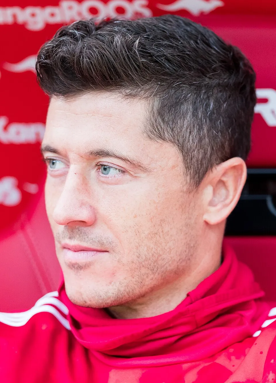 Pemain sepak bola Robert Lewandowski merayakan gol di lapangan